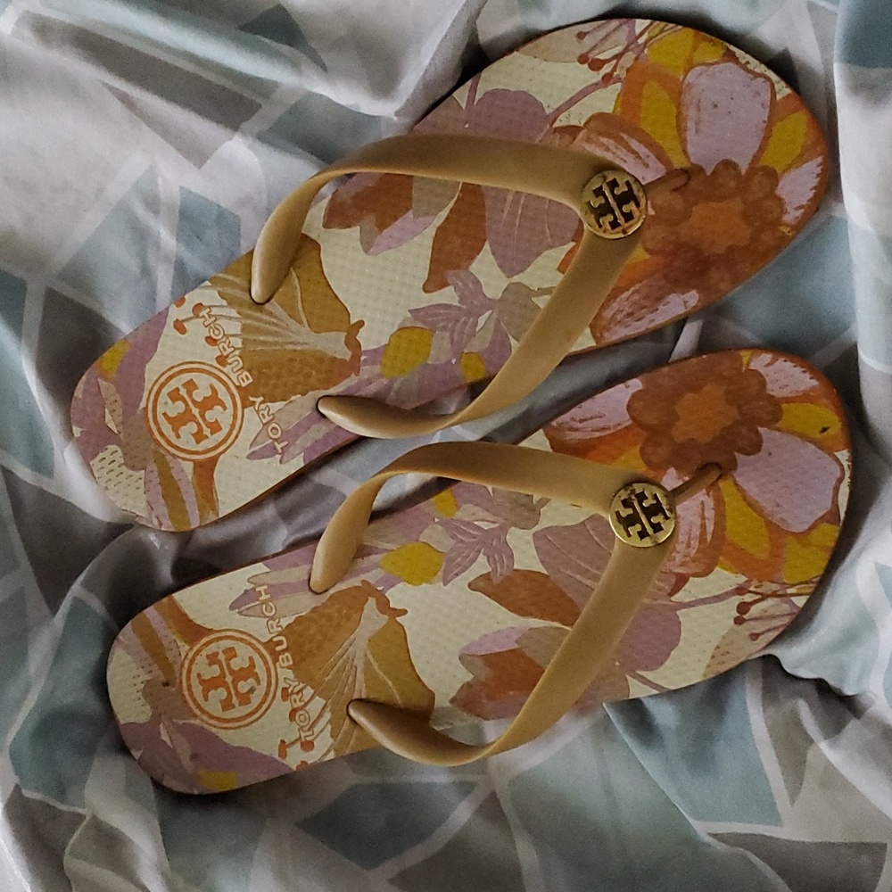 Tory Burch Orange Floral Flip Flop Sandals